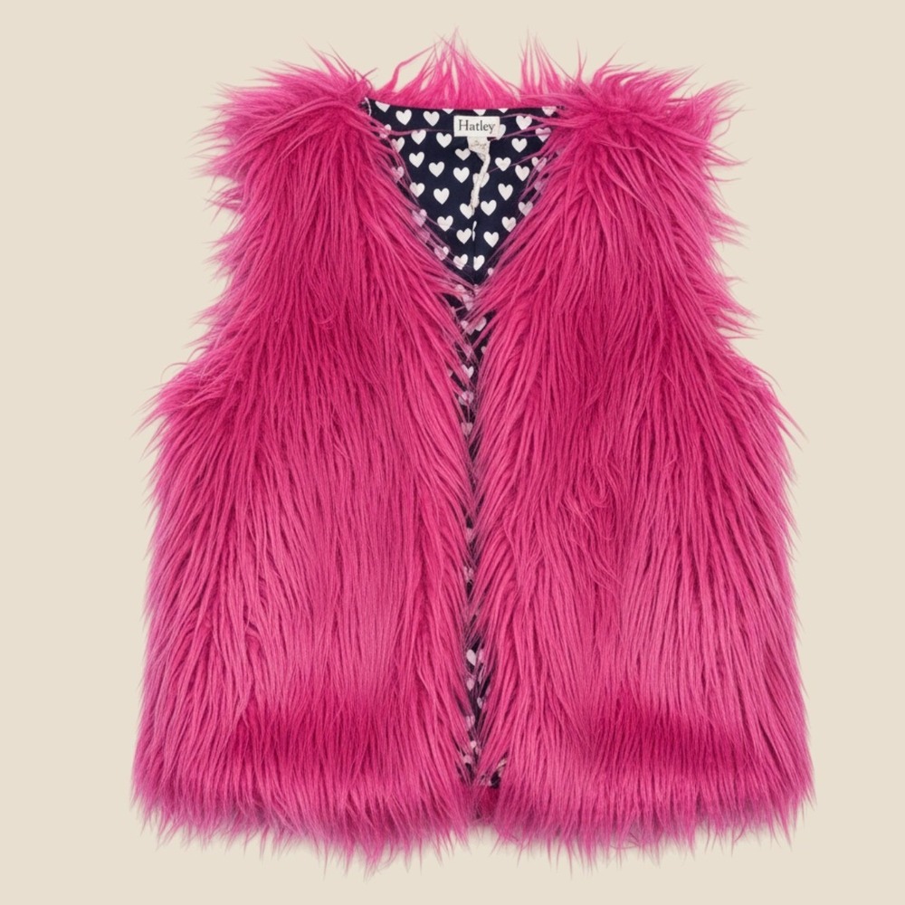 Hatley Girls Hot Pink Shaggy Faux Fur Vest Heart Print Lining Size 8 NIN501